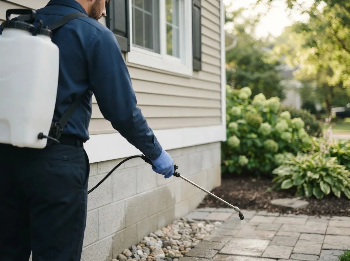 Pest control technician inspecting a home in Lapel, IN